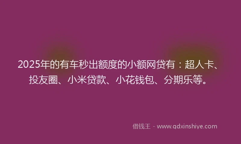 2025年的有车秒出额度的小额网贷有：超人卡、投友圈、小米贷款、小花钱包、分期乐等。