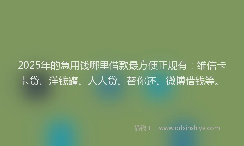 2025年的急用钱哪里借款最方便正规有：维信卡卡贷、洋钱罐、人人贷、替你还、微博借钱等。