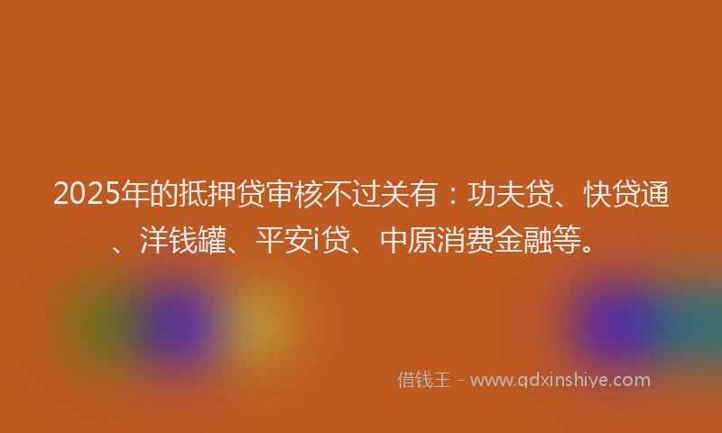 2025年的抵押贷审核不过关有：功夫贷、快贷通、洋钱罐、平安i贷、中原消费金融等。