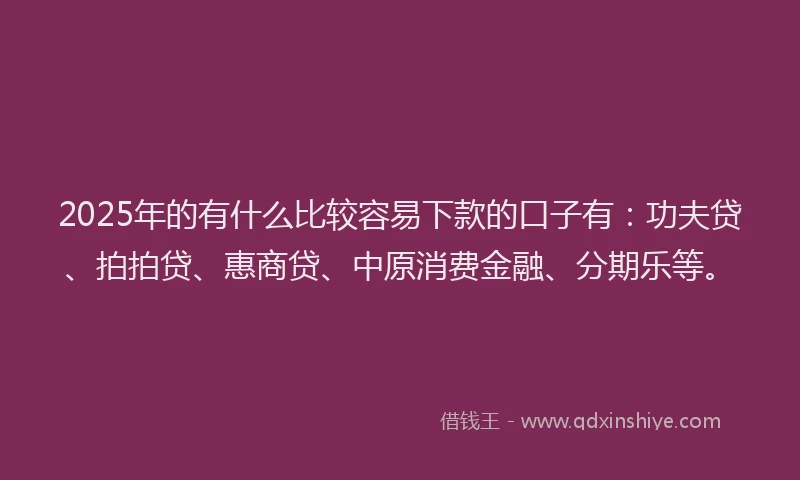 2025年的有什么比较容易下款的口子有：功夫贷、拍拍贷、惠商贷、中原消费金融、分期乐等。