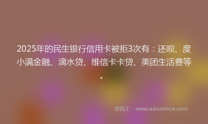 2025年的民生银行信用卡被拒3次有：还呗、度小满金融、滴水贷、维信卡卡贷、美团生活费等。