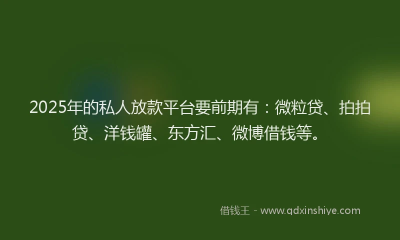 2025年的私人放款平台要前期有：微粒贷、拍拍贷、洋钱罐、东方汇、微博借钱等。