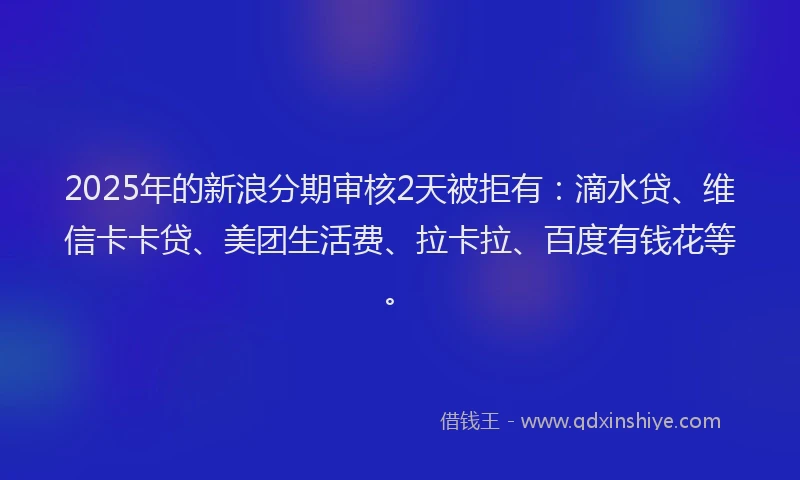 2025年的新浪分期审核2天被拒有：滴水贷、维信卡卡贷、美团生活费、拉卡拉、百度有钱花等。