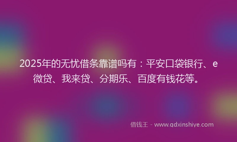2025年的无忧借条靠谱吗有：平安口袋银行、e微贷、我来贷、分期乐、百度有钱花等。
