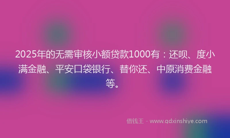 2025年的无需审核小额贷款1000有：还呗、度小满金融、平安口袋银行、替你还、中原消费金融等。