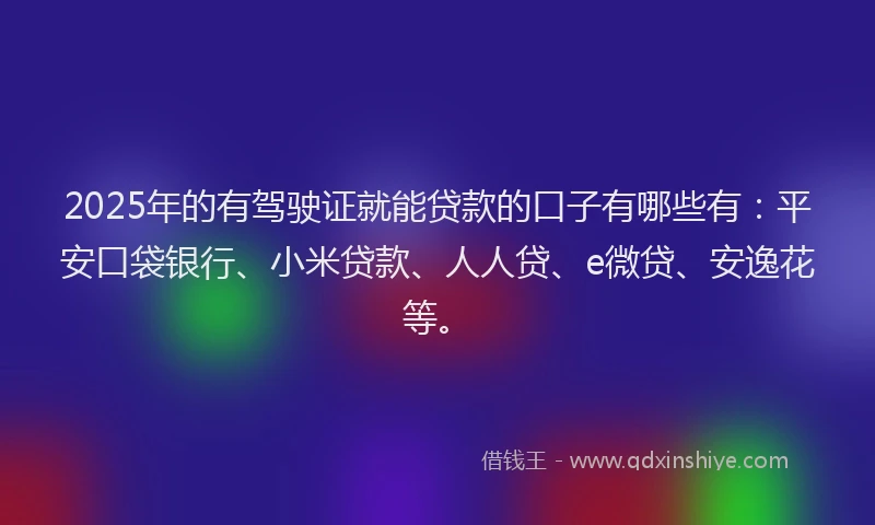 2025年的有驾驶证就能贷款的口子有哪些有：平安口袋银行、小米贷款、人人贷、e微贷、安逸花等。