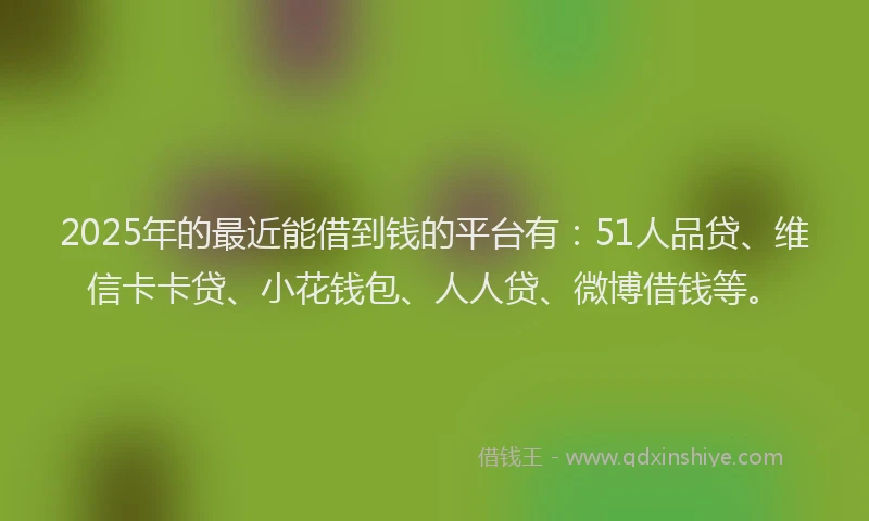 2025年的最近能借到钱的平台有：51人品贷、维信卡卡贷、小花钱包、人人贷、微博借钱等。