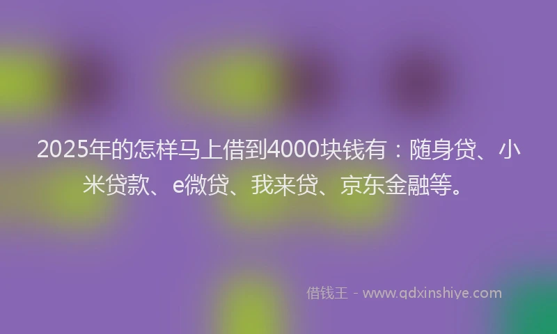 2025年的怎样马上借到4000块钱有：随身贷、小米贷款、e微贷、我来贷、京东金融等。