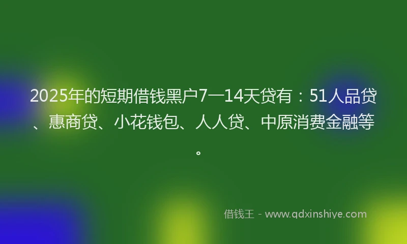 2025年的短期借钱黑户7一14天贷有：51人品贷、惠商贷、小花钱包、人人贷、中原消费金融等。