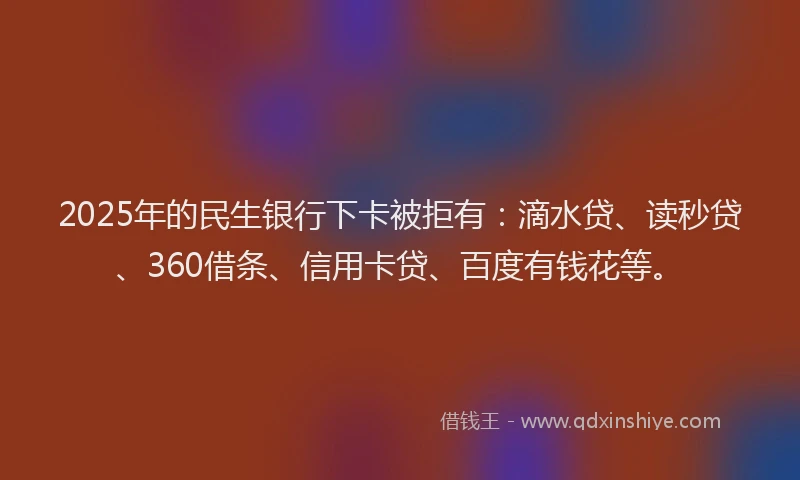2025年的民生银行下卡被拒有：滴水贷、读秒贷、360借条、信用卡贷、百度有钱花等。