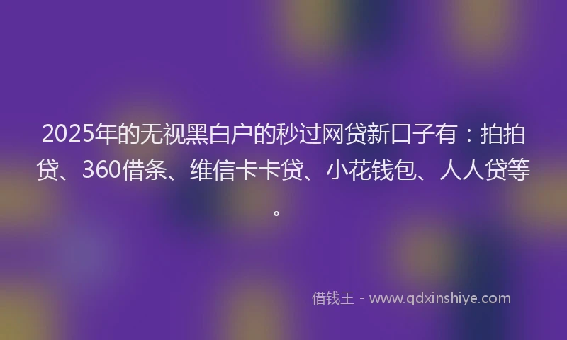 2025年的无视黑白户的秒过网贷新口子有：拍拍贷、360借条、维信卡卡贷、小花钱包、人人贷等。