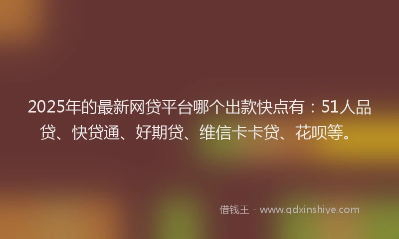 2025年的最新网贷平台哪个出款快点有：51人品贷、快贷通、好期贷、维信卡卡贷、花呗等。