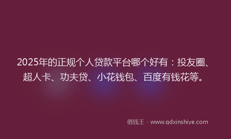 2025年的正规个人贷款平台哪个好有：投友圈、超人卡、功夫贷、小花钱包、百度有钱花等。