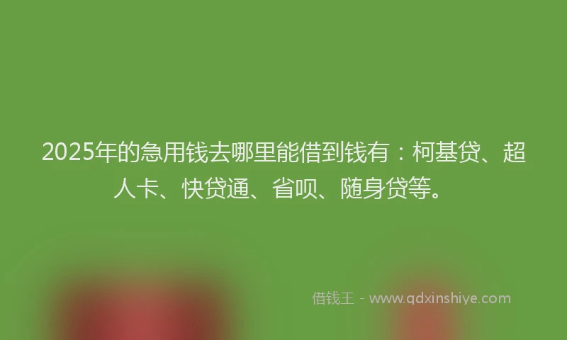 2025年的急用钱去哪里能借到钱有：柯基贷、超人卡、快贷通、省呗、随身贷等。
