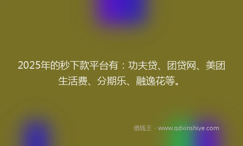 2025年的秒下款平台有：功夫贷、团贷网、美团生活费、分期乐、融逸花等。