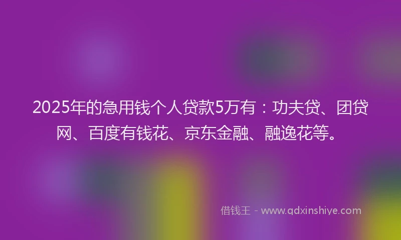 2025年的急用钱个人贷款5万有：功夫贷、团贷网、百度有钱花、京东金融、融逸花等。