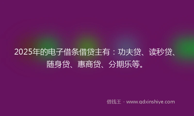 2025年的电子借条借贷主有：功夫贷、读秒贷、随身贷、惠商贷、分期乐等。