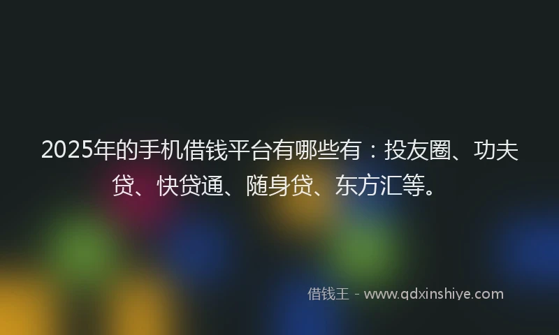 2025年的手机借钱平台有哪些有：投友圈、功夫贷、快贷通、随身贷、东方汇等。