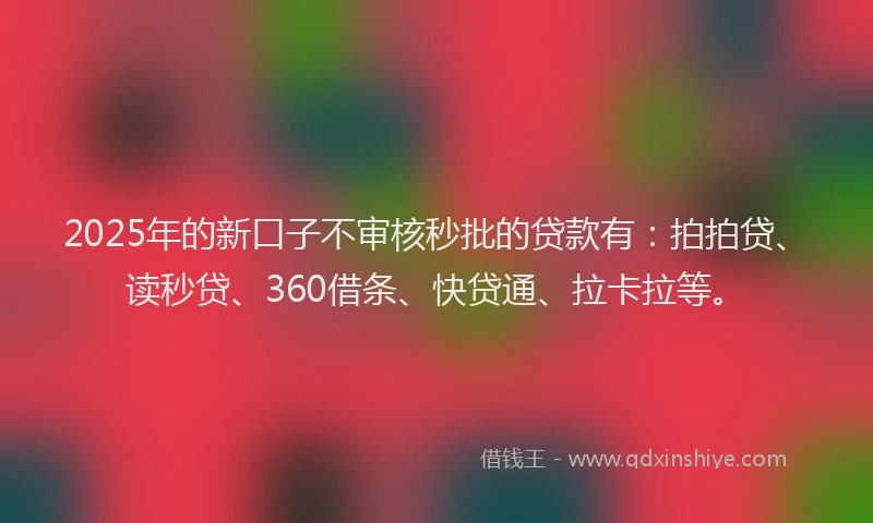 2025年的新口子不审核秒批的贷款有：拍拍贷、读秒贷、360借条、快贷通、拉卡拉等。