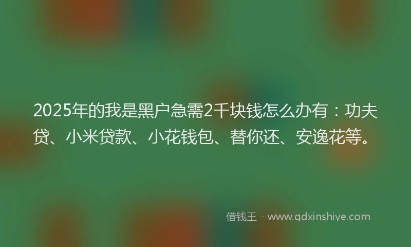 2025年的我是黑户急需2千块钱怎么办有：功夫贷、小米贷款、小花钱包、替你还、安逸花等。