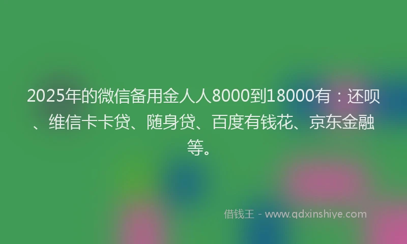 2025年的微信备用金人人8000到18000有：还呗、维信卡卡贷、随身贷、百度有钱花、京东金融等。