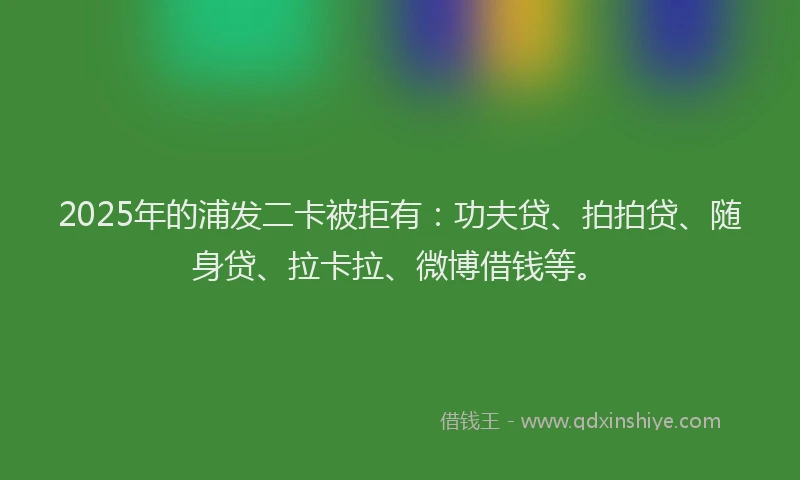 2025年的浦发二卡被拒有：功夫贷、拍拍贷、随身贷、拉卡拉、微博借钱等。