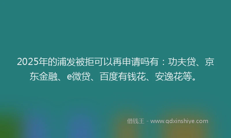 2025年的浦发被拒可以再申请吗有：功夫贷、京东金融、e微贷、百度有钱花、安逸花等。