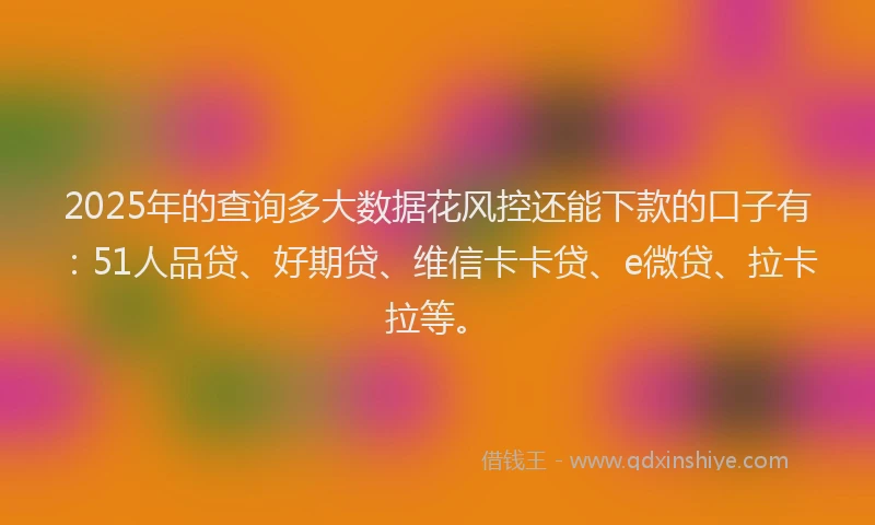 2025年的查询多大数据花风控还能下款的口子有：51人品贷、好期贷、维信卡卡贷、e微贷、拉卡拉等。