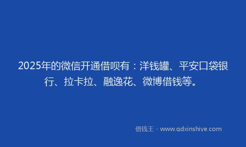 2025年的微信开通借呗有：洋钱罐、平安口袋银行、拉卡拉、融逸花、微博借钱等。