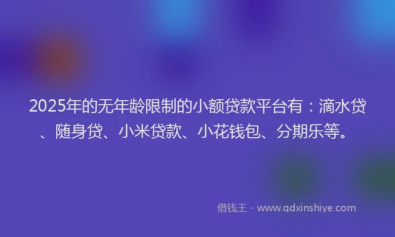 2025年的无年龄限制的小额贷款平台有：滴水贷、随身贷、小米贷款、小花钱包、分期乐等。