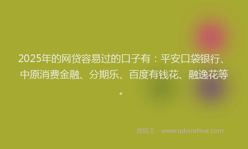 2025年的网贷容易过的口子有：平安口袋银行、中原消费金融、分期乐、百度有钱花、融逸花等。