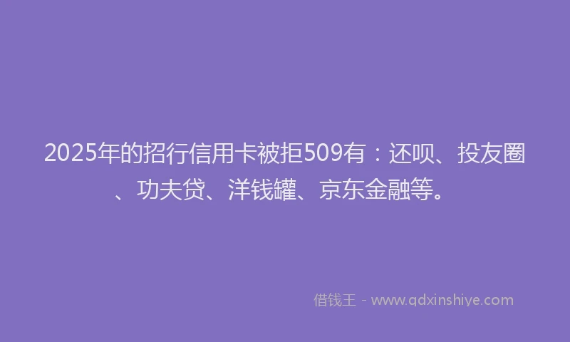 2025年的招行信用卡被拒509有：还呗、投友圈、功夫贷、洋钱罐、京东金融等。