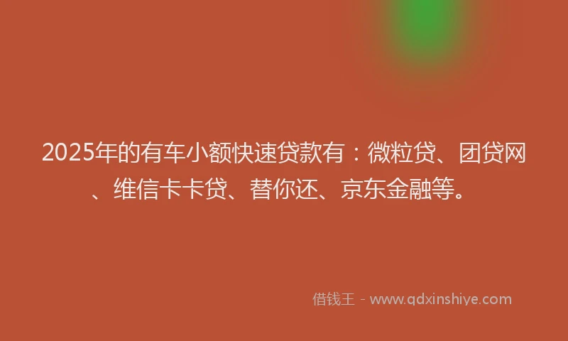 2025年的有车小额快速贷款有：微粒贷、团贷网、维信卡卡贷、替你还、京东金融等。