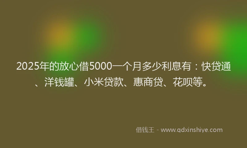 2025年的放心借5000一个月多少利息有：快贷通、洋钱罐、小米贷款、惠商贷、花呗等。