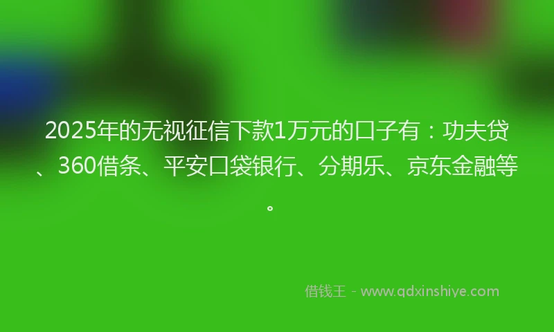 2025年的无视征信下款1万元的口子有：功夫贷、360借条、平安口袋银行、分期乐、京东金融等。