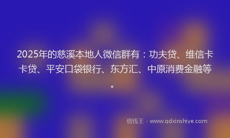 2025年的慈溪本地人微信群有：功夫贷、维信卡卡贷、平安口袋银行、东方汇、中原消费金融等。