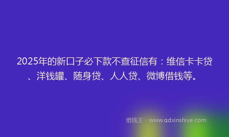 2025年的新口子必下款不查征信有：维信卡卡贷、洋钱罐、随身贷、人人贷、微博借钱等。