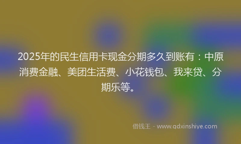 2025年的民生信用卡现金分期多久到账有：中原消费金融、美团生活费、小花钱包、我来贷、分期乐等。
