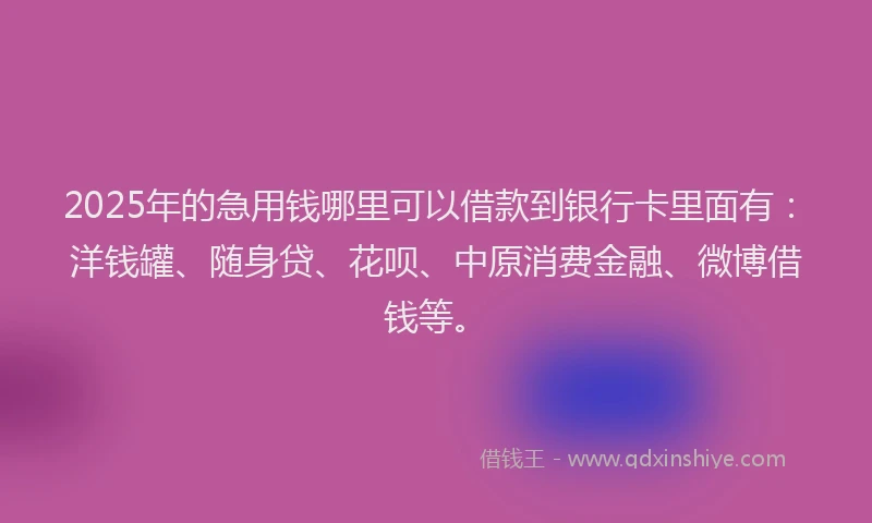 2025年的急用钱哪里可以借款到银行卡里面有：洋钱罐、随身贷、花呗、中原消费金融、微博借钱等。
