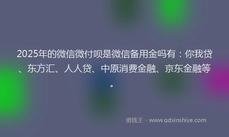 2025年的微信微付呗是微信备用金吗有：你我贷、东方汇、人人贷、中原消费金融、京东金融等。