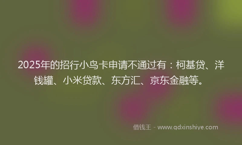 2025年的招行小鸟卡申请不通过有：柯基贷、洋钱罐、小米贷款、东方汇、京东金融等。