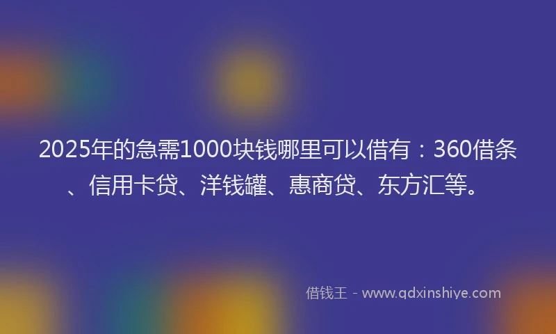 2025年的急需1000块钱哪里可以借有：360借条、信用卡贷、洋钱罐、惠商贷、东方汇等。