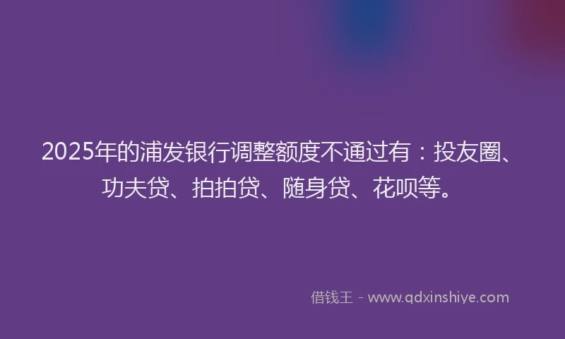 2025年的浦发银行调整额度不通过有：投友圈、功夫贷、拍拍贷、随身贷、花呗等。