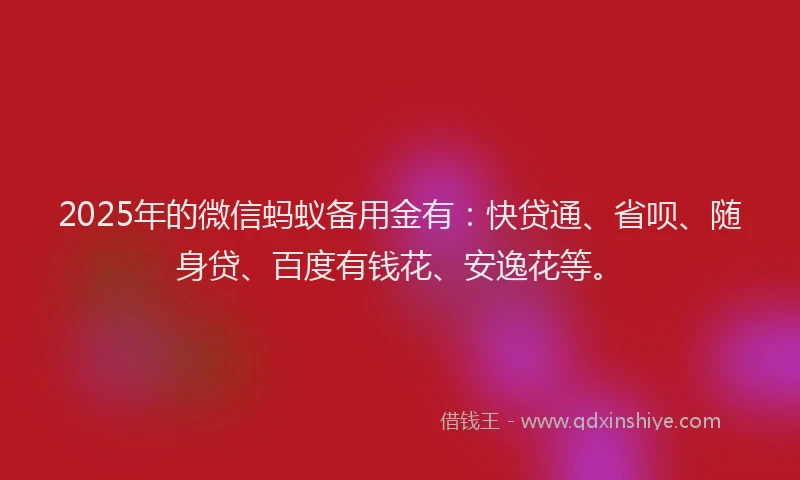 2025年的微信蚂蚁备用金有：快贷通、省呗、随身贷、百度有钱花、安逸花等。