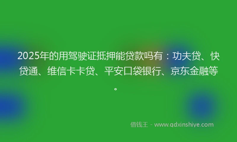 2025年的用驾驶证抵押能贷款吗有：功夫贷、快贷通、维信卡卡贷、平安口袋银行、京东金融等。