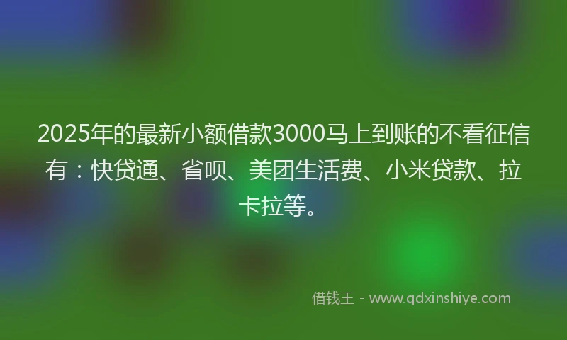 2025年的最新小额借款3000马上到账的不看征信有：快贷通、省呗、美团生活费、小米贷款、拉卡拉等。