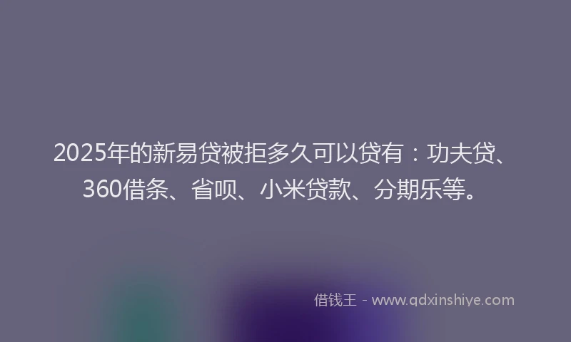 2025年的新易贷被拒多久可以贷有：功夫贷、360借条、省呗、小米贷款、分期乐等。