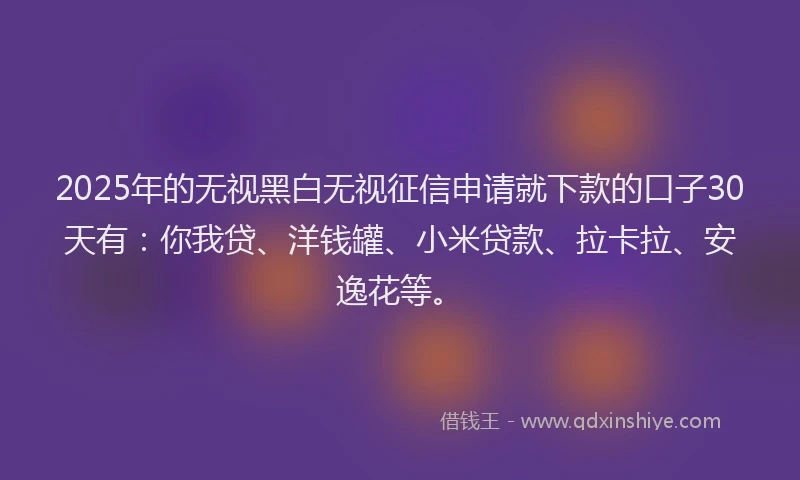 2025年的无视黑白无视征信申请就下款的口子30天有：你我贷、洋钱罐、小米贷款、拉卡拉、安逸花等。