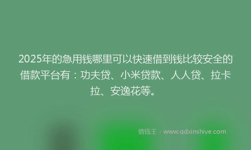 2025年的急用钱哪里可以快速借到钱比较安全的借款平台有：功夫贷、小米贷款、人人贷、拉卡拉、安逸花等。