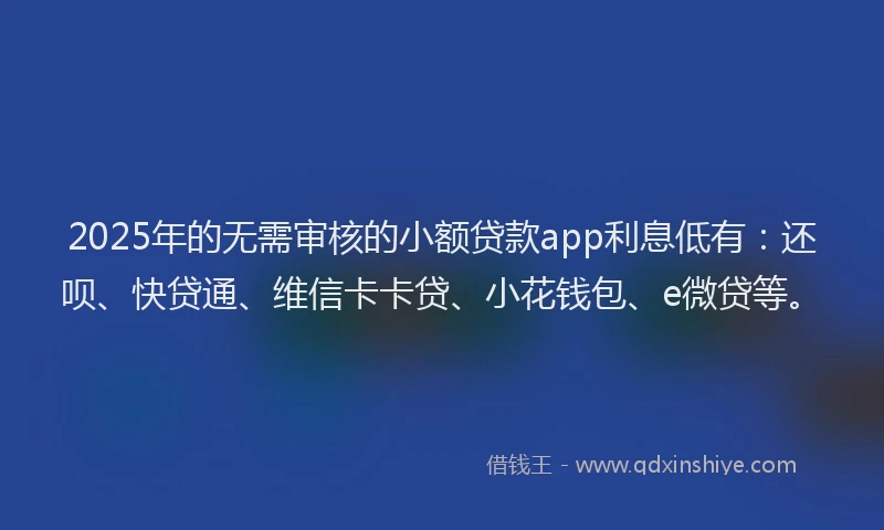 2025年的无需审核的小额贷款app利息低有：还呗、快贷通、维信卡卡贷、小花钱包、e微贷等。